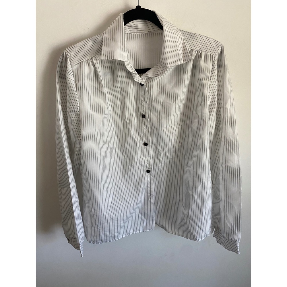 Vintage Pinstripe Button Down Blouse White Black Long Sleeve Officecore Top